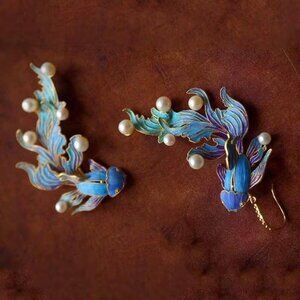 JAPANESE BLUE ENAMEL ANGEL FISH KOI FISH DANGLINF PIERCED EARRINGS 64